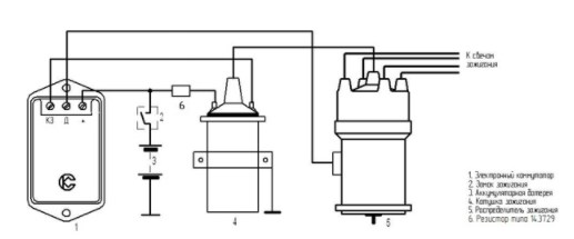 Схема включения в систему зажигания коммутатора 90.3734