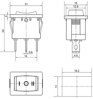 Рис.1. Схема габаритных размеров KCD1-2-103 переключателя на 3 положения